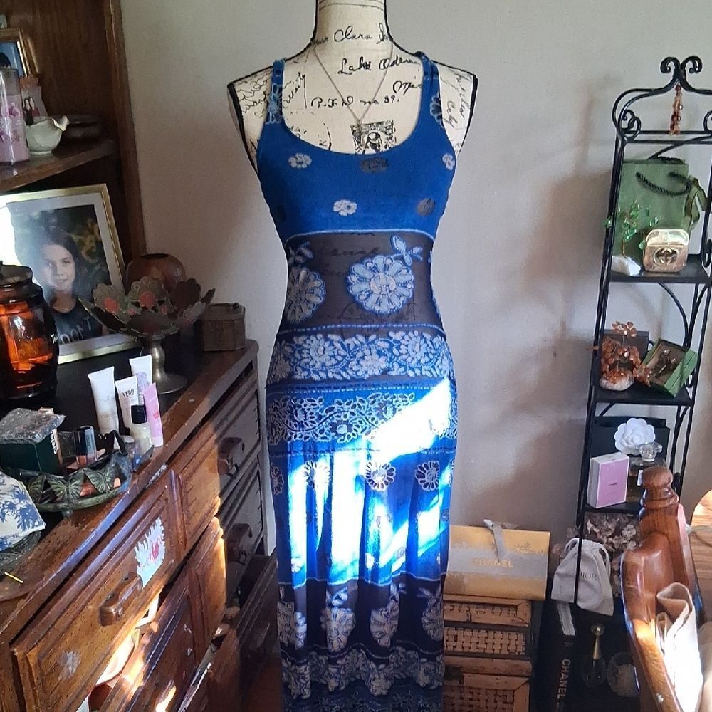 Only Hearts By Helena Stuart Y2k Blue Floral Sheer Maxi Dress Size Small/medium